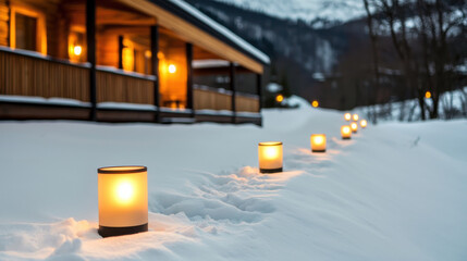 Serene snow covered path illuminated by glowing lanterns leads to cozy mountain lodge