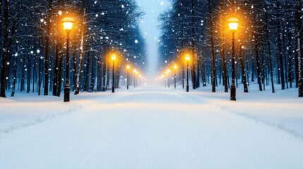 Serene snow covered street night, illuminated by glowing street lamps, creates magical winter