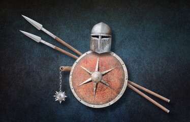 Naklejka premium knight's helmet chain mace red shield and two spears on grunge background
