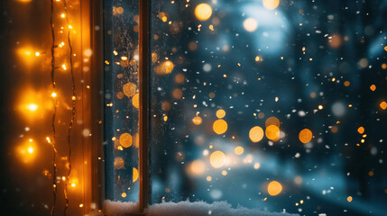 Warm toned Christmas lights illuminate snowy street through window, creating cozy atmosphere