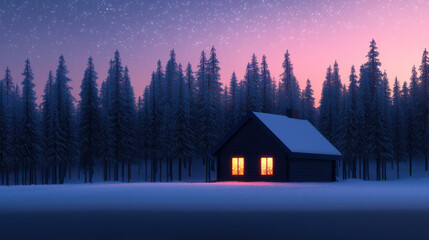Cozy wooden cabin in snowy forest, glowing warmly at dusk, creates serene atmosphere