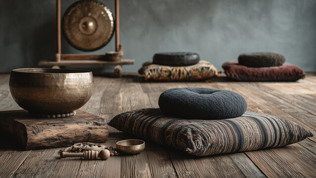 A serene sound bath setup in a minimalist room features singing bowls, gongs, and chimes arranged on a wooden floor. Cushions and yoga mats nearby enhance the calm, meditative atmosphere.