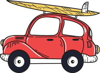 Retro Red Car with Surfboard Ready for Summer Fun