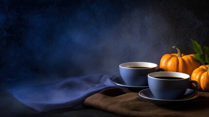 Cozy autumn scene featuring two coffee cups beside decorative pumpkins on a textured background