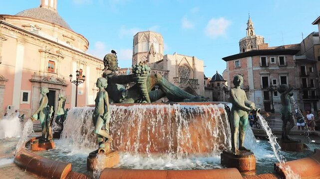 Turia Fountain the historical fountain with sculptures in Valencia Spain