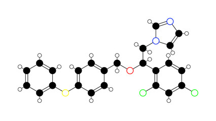 fenticonazole molecule, structural chemical formula, ball-and-stick model, isolated image imidazole antifungal