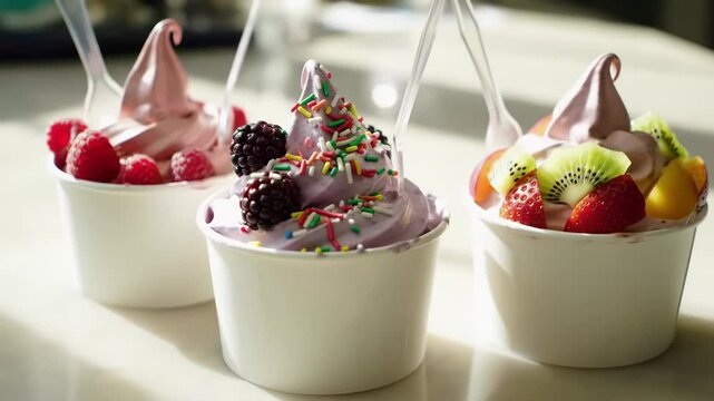 Cinematic close-up orbit and zoom on three frozen yogurt cups with fruit and sprinkles
