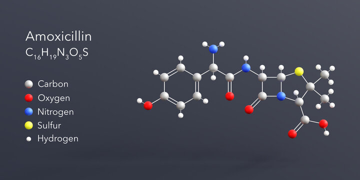 amoxicillin molecule 3d rendering, flat molecular structure with chemical formula and atoms color coding