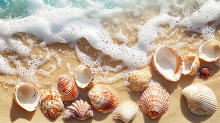 Seashells on Sandy Beach with Gentle Waves and Warm Sunlight