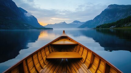 Rowing a Wooden Boat on a Calm Fjord at Dawn -