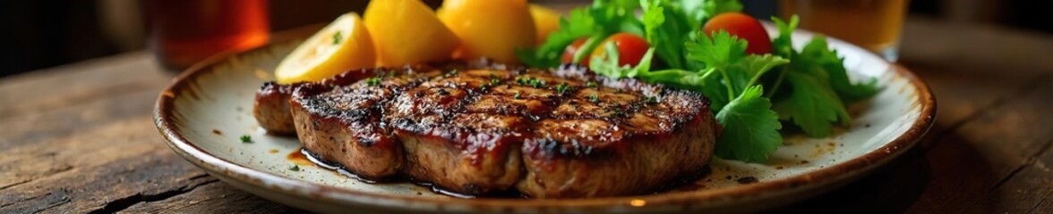 A hearty ranch-style meal featuring grilled steak, roasted potatoes, and a vibrant green salad, all served on a rustic wooden table , grilling, satisfying