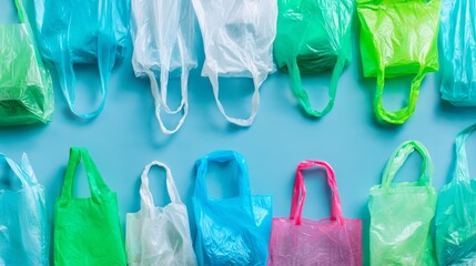 Crumpled plastic disposable shopping bags scattered as environmental waste background, symbolizing pollution, landfill overflow, ecological harm caused by excessive plastic consumption poor recycling