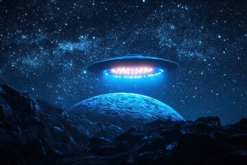 Spaceship approaches mysterious alien planet under a starry sky at night