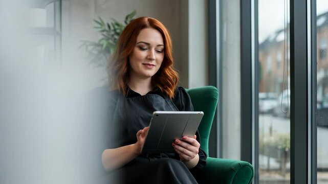 Smiling Redhead Hairstylist & Salon Owner Uses Tablet in Modern Salon Armchair | Business Management, Tech & Online Booking