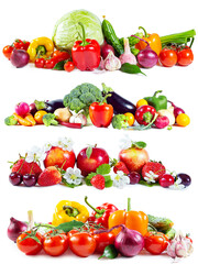 Fresh ripe vegetables, fruits and berries isolated on white.