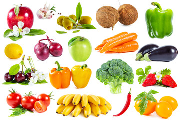 Set of fresh ripe vegetables, fruits and berries isolated on white background.