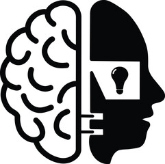 Minimalist Black and White Line Art of a Human Brain with Lamp Circuit Lines Technology, Artificial Intelligence, and Innovation Symbol