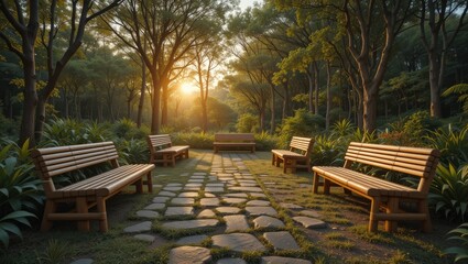 Sunset Over a Tranquil Park with Wooden Benches and Lush Greenery Surrounded by Trees