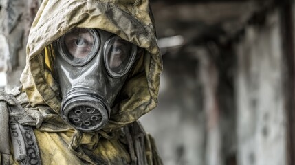 Man in hazmat chemical protection suit wearing respirator mask standing in ruins of destroyed post-apocalyptic building. Concept of danger, survival, toxic air, nuclear fallout and biohazard zone