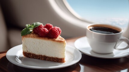 Delicious cheesecake slice topped with fresh raspberries and mint leaves, served alongside a cup of black coffee, with a stunning view of clouds through an airplane window, creating a luxurious dining