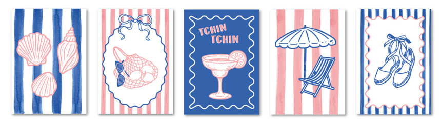 SET OF HAND DRAW SUMMER POSTER STYLE DOLCE VITA WITH SUMMER BEACH ELEMENTS