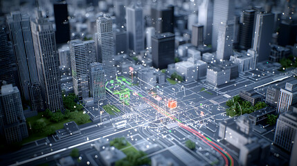 Fototapeta premium Abstract Digital Cityscape Aerial View With Traffic And Geometric Buildings