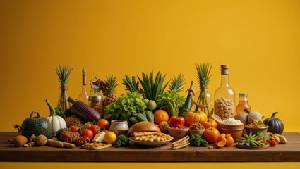 Vibrant Display of Fresh Seasonal Produce and Culinary Ingredients on Wooden Table Against Yellow Background