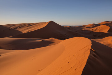 Sand Dunes of the Sahara Desert, sunset landscape of Morocco with no people, golden sand and blue sky