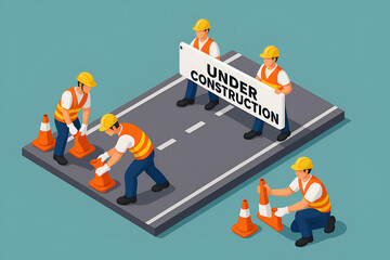 Construction workers setting up safety cones and signage on a city road during maintenance to ensure traffic safety and secure work environment isometric cartoon