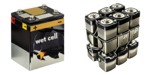 PNG Two wet cell batteries are arranged in a geometric cube formation.