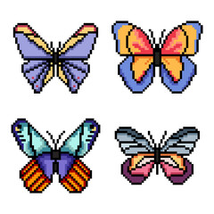 Flat design pixel art butterfly pack illustration