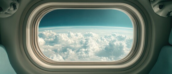Naklejka premium Aerospace cabin window shows view of thick white clouds below with deep blue space above near horizon line background