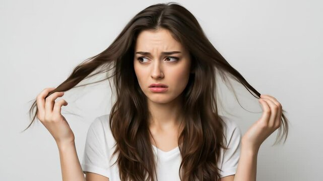 Worried Young Woman with Long Brown Wavy Hair Examines Damaged, Dry Ends - Frustrated with Hair Health, Split Ends & Frizz