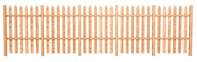 Classic Picket Fence with Spikes: A 3D render of a light brown wooden picket fence featuring pointed tops on each vertical slat, presented in a clean isometric view.