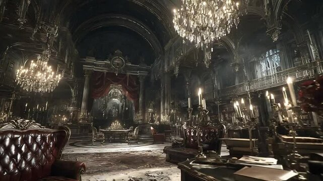Elegant library interior with chandeliers and books offers a majestic and sophisticated atmosphere