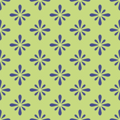 Abstract pattern with blue elements and stylized flowers on a light green background