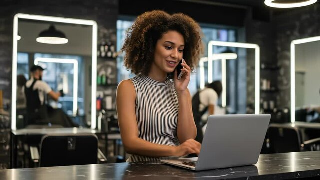  Stylish Black Woman with Curly Hair Smiles, Talks on Phone & Uses Laptop in Modern Salon/Barbershop | Business Management & Customer Service