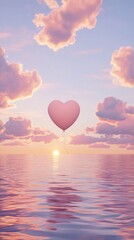 Fototapeta premium A tranquil anime-style sky, fluffy clouds floating over a calm sea, and a setting sun blending pink and gold into a dreamy, ultra-detailed landscape.