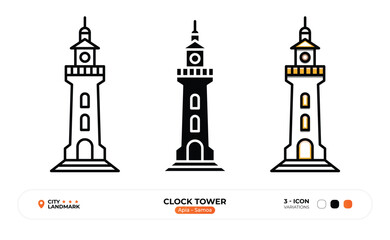 Clock Tower Line Icon, Apia, Samoa Landmark Silhouette, Color Vector, Editable Stroke.