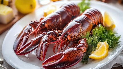 Two cooked lobsters on a white plate, garnished with lemon and dill.