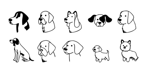 Dog Breeds line icon set. Vector pictograms of labrador, golden retriever, german shepherd, bulldog, beagle, poodle, dachshund, pug, shih tzu, maltese, yorkshire terrier thin linear illustration