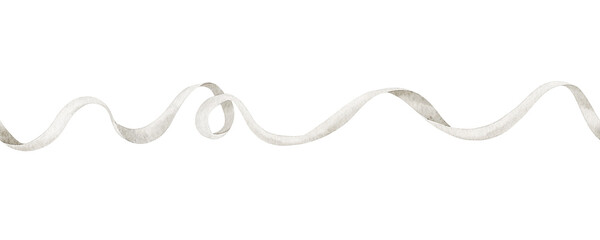 Watercolor illustration of a soft white swirling Ribbon. Seamless Border with Tape for Baby shower greeting cards or wedding invitations. Drawing of frame for party design in delicate pastel colors.