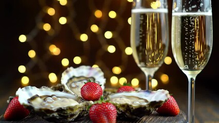 Romantic oysters, strawberries, and champagne on wood with golden bokeh, cinematic orbit and zoom motion - Powered by Adobe