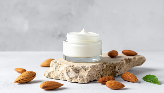 Jar of natural almond oil face cream on stone pedestal. Fresh nuts. Cosmetics and beauty product.