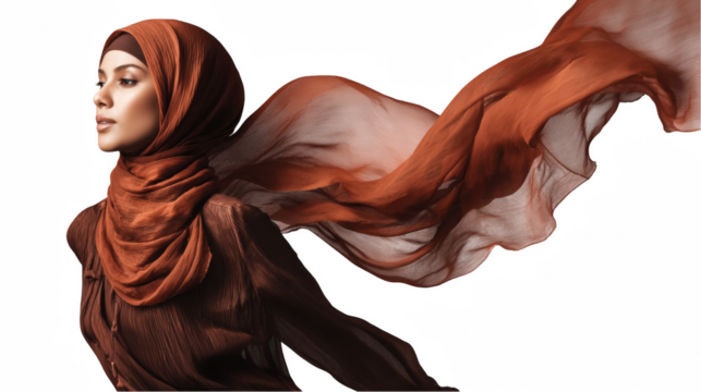 Studio shot of a fashion model wearing a flowing earth tone outfit and hijab, her clothing billowing dramatically against a transparent background, creating a sense of movement and elegance