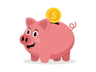 Joyful cheerful pink pig in flat style. Cute piggy bank vector illustration isolated on white background. Perfect for savings, finance, children’s books, or cartoon-style design projects.