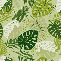 Seamless pattern with tropical leaves. Botanical background. 