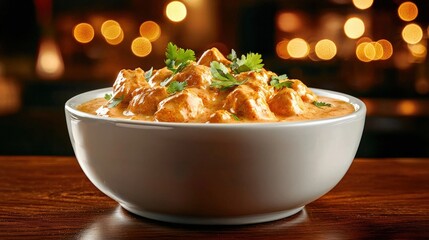 A delicious bowl of curry garnished with herbs on a wooden table. AI-generated.