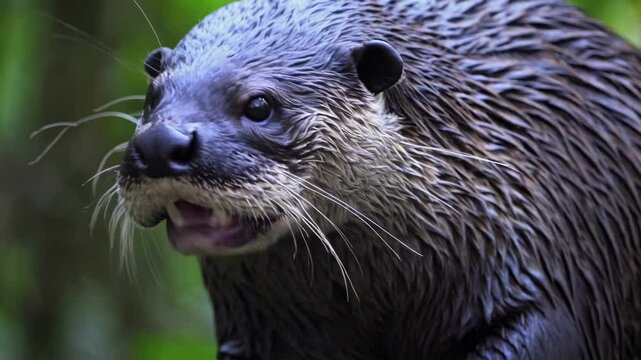 Close-up video shot of an otter's wet fur and face, capturing texture and detail from a low angle, emphasizing natural wildlife beauty.