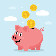 Illustration of a piggy bank with gold coins. Concept of savings and investments. Simple line art pig on blue background. Flat cartoon-style vector for finance, banking, and money-saving design